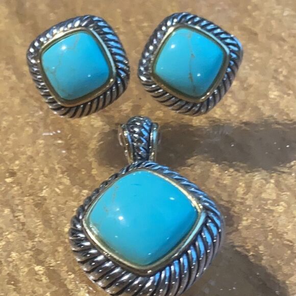 Heavy Duty Sterling Silver with Turquoise Pendant and Post Earring Set - Picture 1 of 13